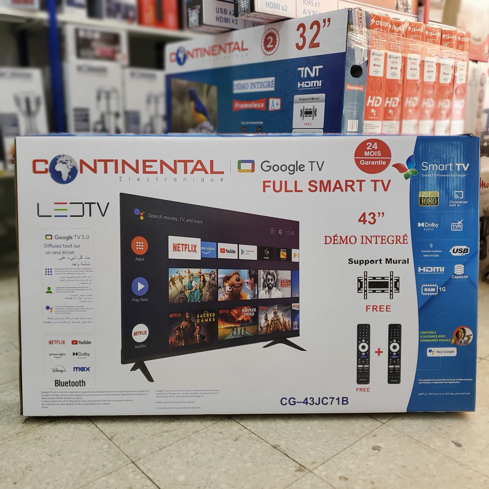 تلفاز Continental 43 بوصة Smart Google TV – QLED مع دعم الحائط وريموت إضافي